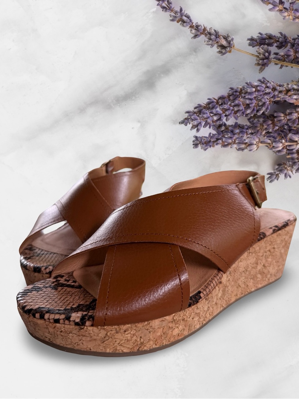 Dakota Chase DC-Nineth Brown Cross Strap Cork Wedge Sandals Women's Size 10